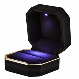(Ring Box, Black) - AVESON Luxury Ring Box, Square Velvet Wedding Ring Case Jewellery Gift Box with LED Light for Proposal Engagement Wedding, Black A