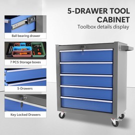 GarveeTech Rolling Tool Chest, Tool Chest with 5 Drawers & Wheels, Portable Rolling Tool Box On Wheels, Tool Chest Organizer for Garage, Workshop, Home Crafts Use (Blue+Grey, 5-Drawer)