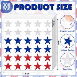 JarThenaAMCS 300Pcs Glitter Patriotic Star Sticker 4th of July Stars Stickers Red, Blue & Silver Star-Shaped Self-Adhesive Stickers for Invitations Party Favors and Crafts, 10 Sheet