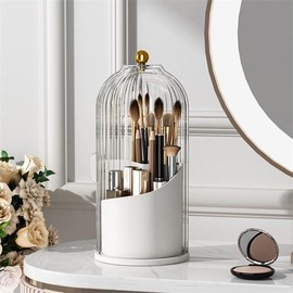 Makeup Brush Holder Organizer with Lid,360 Rotating Clear Dustproof Makeup Brushe Organizer Boxes for Vanity Desktop Bathroom Countertop vanitydresser:_Green/Beige