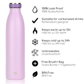 Milu Stainless Steel Drinking Bottle 350 ml, 500 ml, 750 ml, 1 L, 1.5 L - Thermos Flask for Children Adults Leak-Proof Insulated Flask Suitable for Carbonated Drinks - Includes Cleaning Brush (Lilac