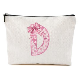 MQBMQB Pink Bow D, Alphabet Makeup Bag for Women, Washable Travel Organizer Toiletry Cosmetic Bag, Coquette Bow Letter Pattern Large Capacity Makeup Pouch with Zipper, Christmas Gifts for Women