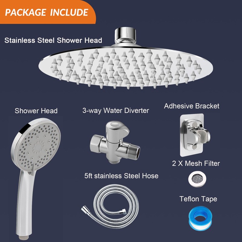 NearMoon Shower Head with Hose, High-Pressure Stainless Steel 8'' Rain