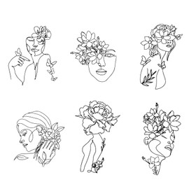 SUPERDANT Pack of 6 Minimalist Abstract Figure Wall Stickers, Modern Women Face Stickers, Line Drawing, Feminine Flowers, Linear Simple Stickers, Vinyl DIY Art Decor for Living Room