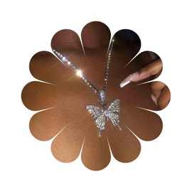 Yheakne Boho Cz Crystal Butterfly Pendant Necklace Silver Tennis Chain Choker Necklace Cubic Tennis Butterfly Necklace Vintage Rhinestone Chain Necklace Jewelry for Women (Silver)