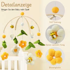Mobile Baby Forest Animals, Fresh Flowers and Bees, Wooden Baby Mobile Baby Bed Toy with Wool Ball, Wind Chime Baby for Children's Room Decoration, Newborn Gift