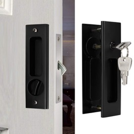 Sliding Door Lock, Zinc Alloy Sliding Barn Door Mortise Latch Lock Invisible Recessed Handle Latch, Set Bathroom Balcony Cabinet Door Hardware (Classic Black Square Single Hook