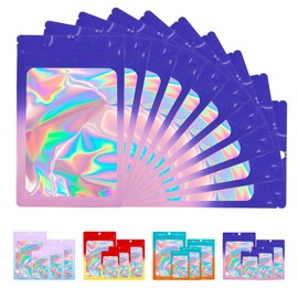 EIOFG Packaging Holographic Mylar Bags with Clear Window, 100 PCS Party Favor Bags, Resealable Smell Proof Bags, Candy, Food Packaging Bags, Gradient Foil Bags(Blue Purple 2.4 * 3.9")