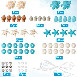 SUNNYCLUE 1 Box 6 Sets Summer Bracelet Craft Set Starfish Sea Turtle Pearl Ocean Beads Lucky Turquoise Pearl Gemstone Chip Shell Pendant for Jewellery Making Sets for Adults Raffia