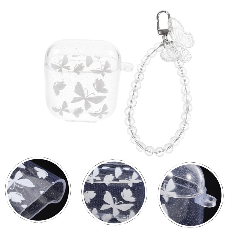 LALAFINA Transparent Glitter Butterfly Chain Earbuds Case with Keychain Lightweight