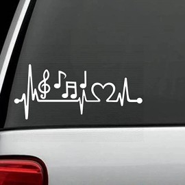 7” White Music Notes Heartbeat Lifeline Monitor Decal Sticker, car, laptop etc