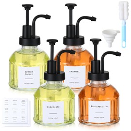 Suclain 4 Sets Coffee Syrup Dispenser for Coffee Bar 6.7 oz Syrup Pump Bottle and Funnel Brush Labels Glass Coffee Syrup Pump Dispenser for Bar Vanilla Syrup Coffee