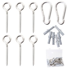 304 Stainless Steel 115 mm Screw Eyelets Set and 80 mm Carabiner Hook, 6 Pieces Eye Screws and 2 Pieces Carabiner, Eye Bolt Set for Indoor and Outdoor Use