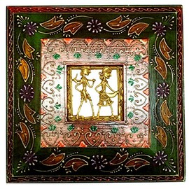 Purpledip Brass Wall Hanging 'Always Together': Dokra Craft Tribal Art Plaque in Hand-Painted Wooden Frame (11656)