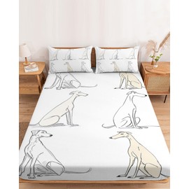 Bedding Queen Size Fitted Sheets Fit 5"-16" Deep Pocket Mattress,Abstract Sketch Greyhound Dog Soft Bottom Sheet Line Animal on White Fitted Sheet Bed Set with Pillow Case