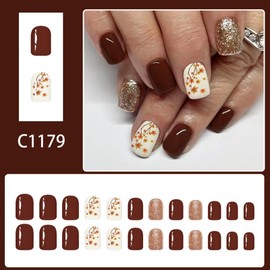 Fall Press on Nails Short Square Fake Nails with Maple Leaf Design Glossy Full Cover Dark Red False Nails Gold Glitter Glue on Nails Reusable Autumn Holiday Stick on Nail for Women Manicure 24Pcs
