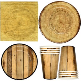 Gift Boutique Rustic Wooden Tree Paper Party Tableware Set 24 9" Plates 24 7" Plate 24 9 Oz Cups 50 Lunch Napkins for Lumberjack Woodland Cut Timber Wood Slice Camping Hunting Baby Shower Decor