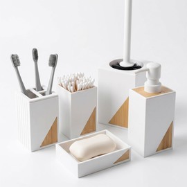 Set de Accesorios para Baño 5 Piezas con Detalles en Bambú Diseño Minimalista Geométrico  Incluye Escobilla, Dispensador, Vaso, Porta Cepillos y