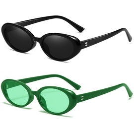 Breaksun Retro Oval Sunglasses for Women Men Fashion Small Oval Sunglasses 90s Vintage Shades (Black/Grey+Green)