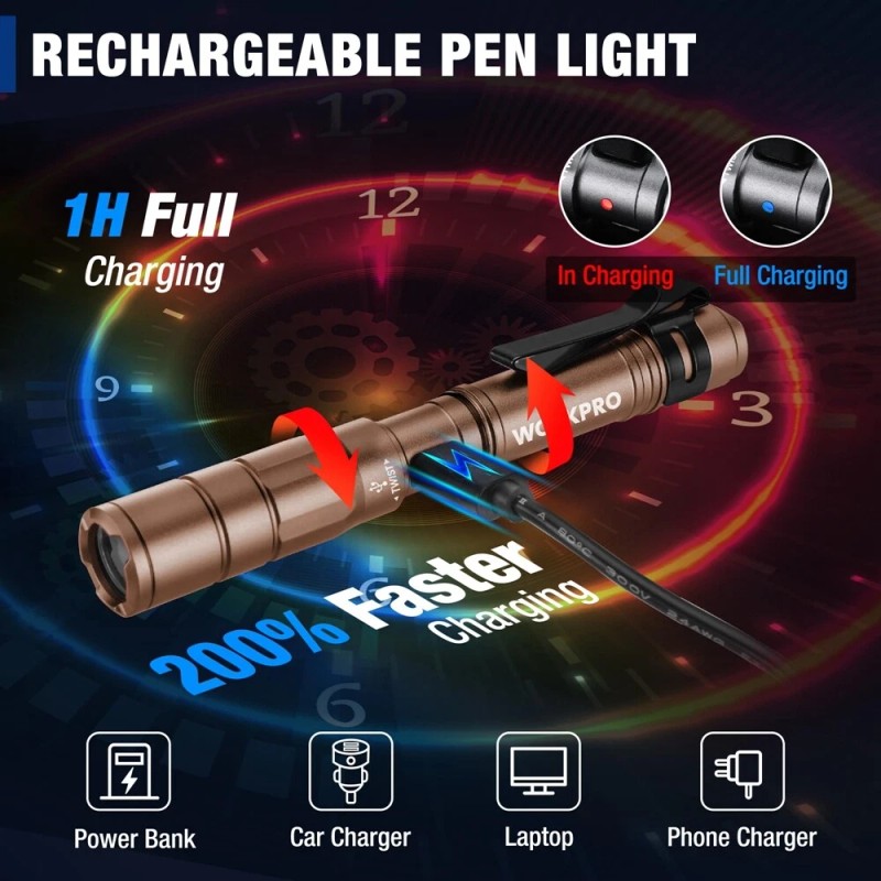 WORKPRO 2PCS Rechargeable LED Pen Light Ultra-Compact Flashlight Mini Flashlight