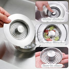 3-in-1 Kitchen Sink Drain Strainer, Upgraded 304 All Stainless Steel Pop Up Kitchen Sink Stopper, Fast Drainage and Anti-Clogging Basket Sink Filter for US/CA Standard 3-1/2 Inch Drains - Light Grey