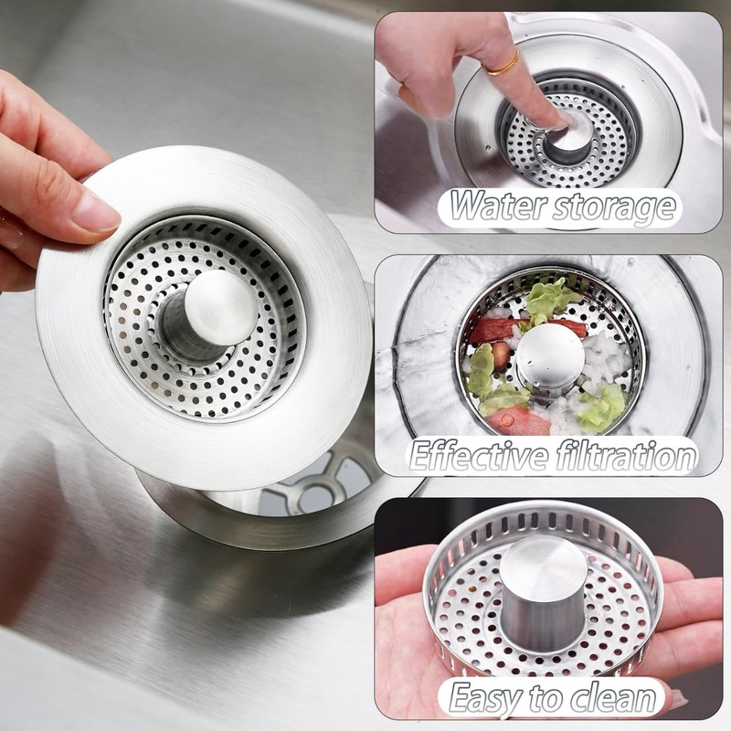 3-in-1 Kitchen Sink Drain Strainer, Upgraded 304 All Stainless Steel