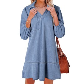 Dokotoo Women's Denim Dress Cute Babydoll Short Sleeve Summer Dresses for Women 2025 Fashion Casual Loose V Neck 3/4 Puff Sleeve Jean Dress Beau Blue Large