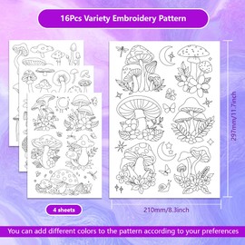 ORIGACH 4 Sheets Large Water Soluble Embroidery Patterns Stabilizers - Pre-Printed Mushroom, Moon, Star & Flower Hand Sewing Stabilizers- Stick & Stitch Embroidery Patterns for Hand Sewing Beginner
