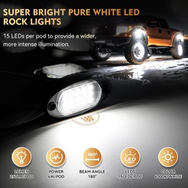 4Pods Pure White LED Rock Lights Kit with Switch Wiring Harness Extension Wire, 6500K 15LEDs Neon Underglow Light Fender Lights Waterproof for Trucks Jeep ATV UTV SUV SXS Off Road