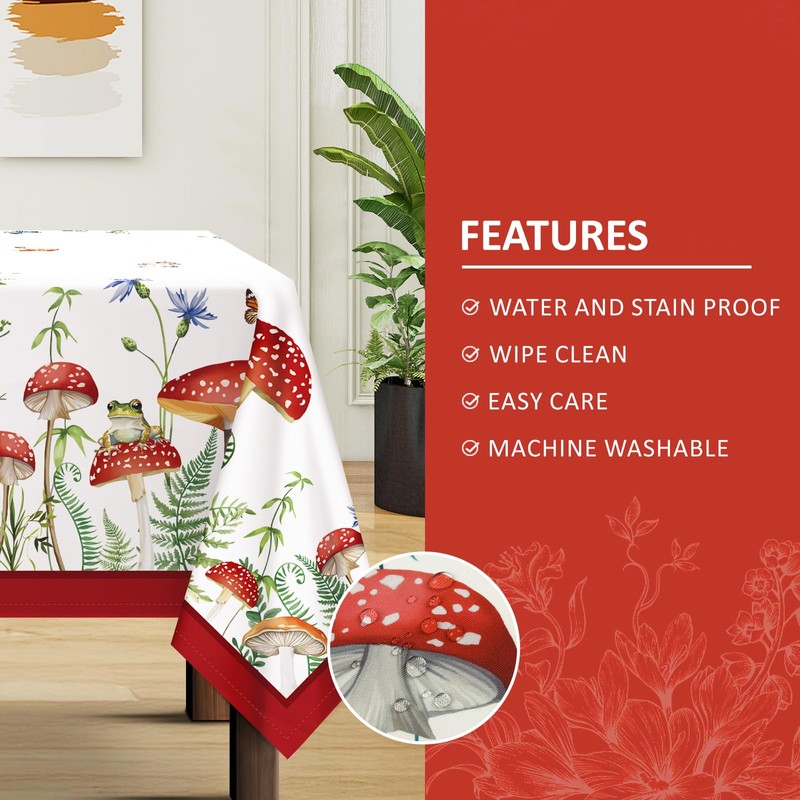 Arquiel Mushroom Tablecloth, Washable Rectangular Tablecloth Spring French Tablecloth for