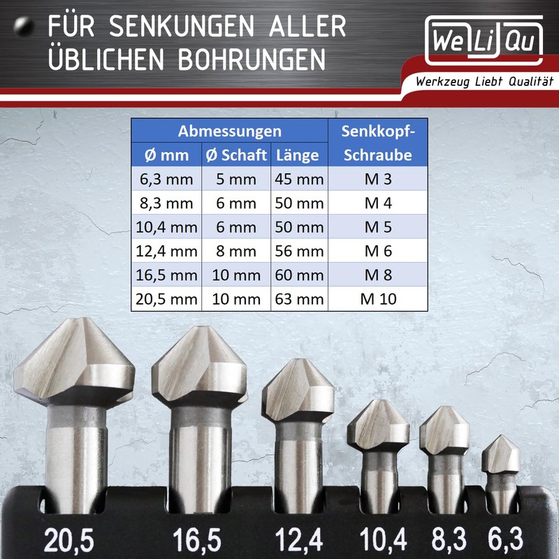 WELIQU Countersink 90° Diameter 6.3-20.5 mm Made of HSS-G Steel,