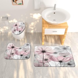 VODRM Daisy Floral 4PCS Shower Curtain Sets Wildflower Rustic Bathroom Set Accessories with Non-Slip Rug,Toilet Lid Cover,Bath Mat,12 Hooks-72x72in-Pink Grey Flower Curtains-Home Decor Adult Gifts