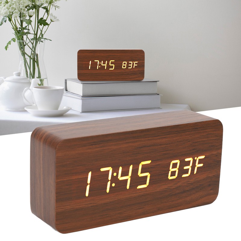 LED Wood Digital Alarm Clock 3 Level Brightness Electronic Clock