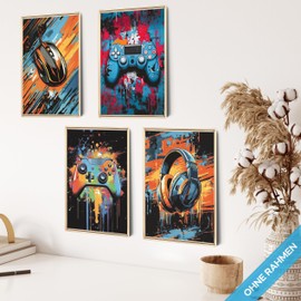 mojoliving Gaming Room Decoration Pictures Poster Wall for Gamers Teenagers' Room Set with Neon Sign Motifs Cool Gifts for Gamers Pictures Wall Neon Wall Picture