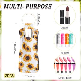 CRASPIRE 2Pcs Sunflower Lip Balm Holder Keychain Chapstick Pouch Floral Flower Colorful Rectangle Neoprene Rubber Lip Gloss Clip Lipstick Case Sleeve Holders for Women Travel Makeup Storage Bag