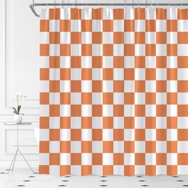 Orange Checkered Shower Curtain Checkerboard Retro Vintage Geometric 60s 70s Modern Funky Groovy Abstract Aesthetic Fabric for Bathroom Decor Bathtub with Hooks(70" WX70 H)