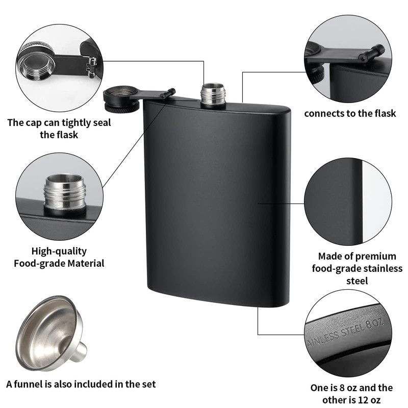 2 Pack Hip Flasks for Liquor, 8 Oz & 12