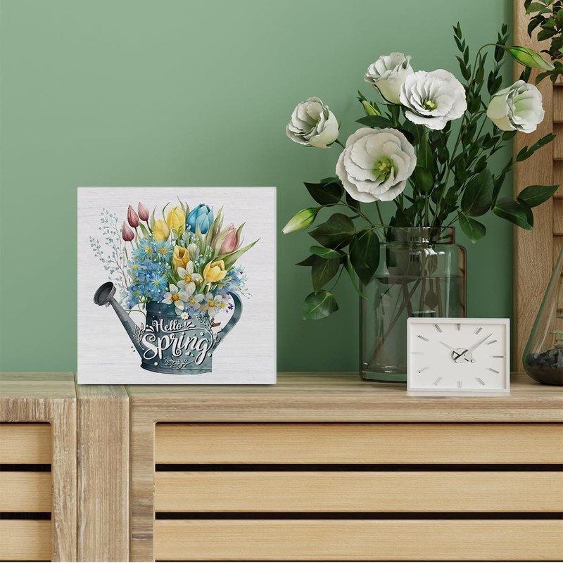 Spring Decor, Rustic Hello Spring Wood Sign Flowers Art Decorations