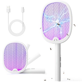 YISSVIC Electric Fly Swatter Foldable Bug Zapper Racket 2 in 1 Mosquito Killer with Purple Attractant Light Rechargeable 1800mAh for Indoor Home Backyard Patio Camping (1, White)