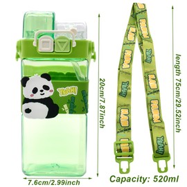 Panda Water Bottle with Straw, Panda Drinking Bottle Kids Water Bottle Large Capacity Plastic Bottles with Straw and Adjustable Strap Double Drinking Leakproof Sports Bottles for School Travel (520ML)