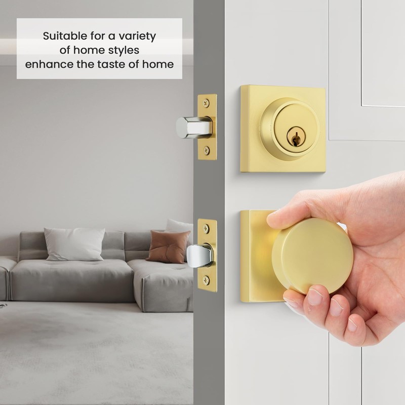 goldenwarm Gold Door Knobs with Deadbolt, Zinc Alloy Brushed Gold
