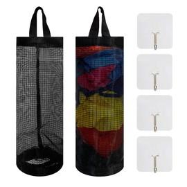 2 Pcs Plastic Bag Holder Trash Bags Storage Dispenser Organizer for Home Kitchen Mesh Hanging Storage Dispensers Recycling Garbage Folding Hanging Storage Bag Grocery Bags Holder with 4 Hooks (Black)