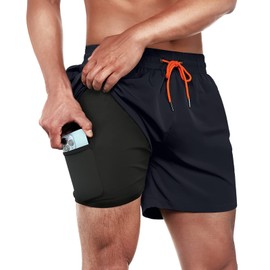 BRISIRA Mens Swim Trunks Swim Shorts Quick Dry 5 inch Inseam Beach Shorts with Compression Liner and Zipper Pocket Navy