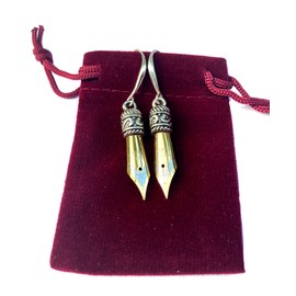Pen Nib Earrings in Gold colour in gift Velvet Pouch with no allergic Sterling Silver 925 Ear Wire Closure (Gold)