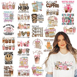 Coffee Iron on Transfers, 30 Sheets Dtf Transfers Ready to Press Coffee Transfer Stickers Iron on Decals for T Shirts Hoodie DIY Crafts