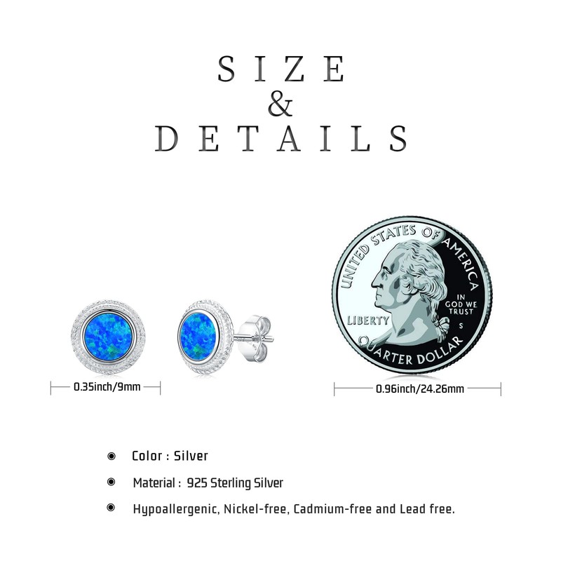 Twoowl Blue Opal Stud Earrings 925 Sterling Silver Blue Stone
