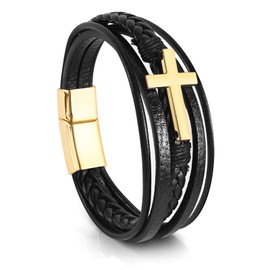 Hamoery Leather Cross Bracelet for Men Braided Stainless Steel Bracelets Gift for Him Dad Husband Brother Son Grandson