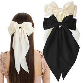 Hair Bows for Women Oversized Bow Hair Clips with Long Tail Large Silky Satin Hair Bowknot Vintage Hair Accessories for Women (Black and White)