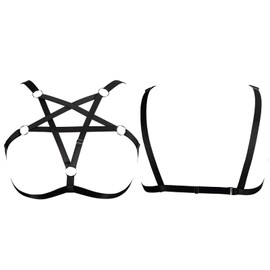 Pentagram Fashion Plus Size Body Harness Punk Bra Cage Bra Hollow Women No Cup Gothic Carnival Christmas Dance Wear, Black and black