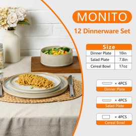 MONITO 12PCS Stoneware Plates and Bowls Sets, Ceramic Dinnerware Sets for 4, Reactive Glaze Dish Set, Chip and Scratch Resistant Double, Microwave and Dishwasher Safe, Beige